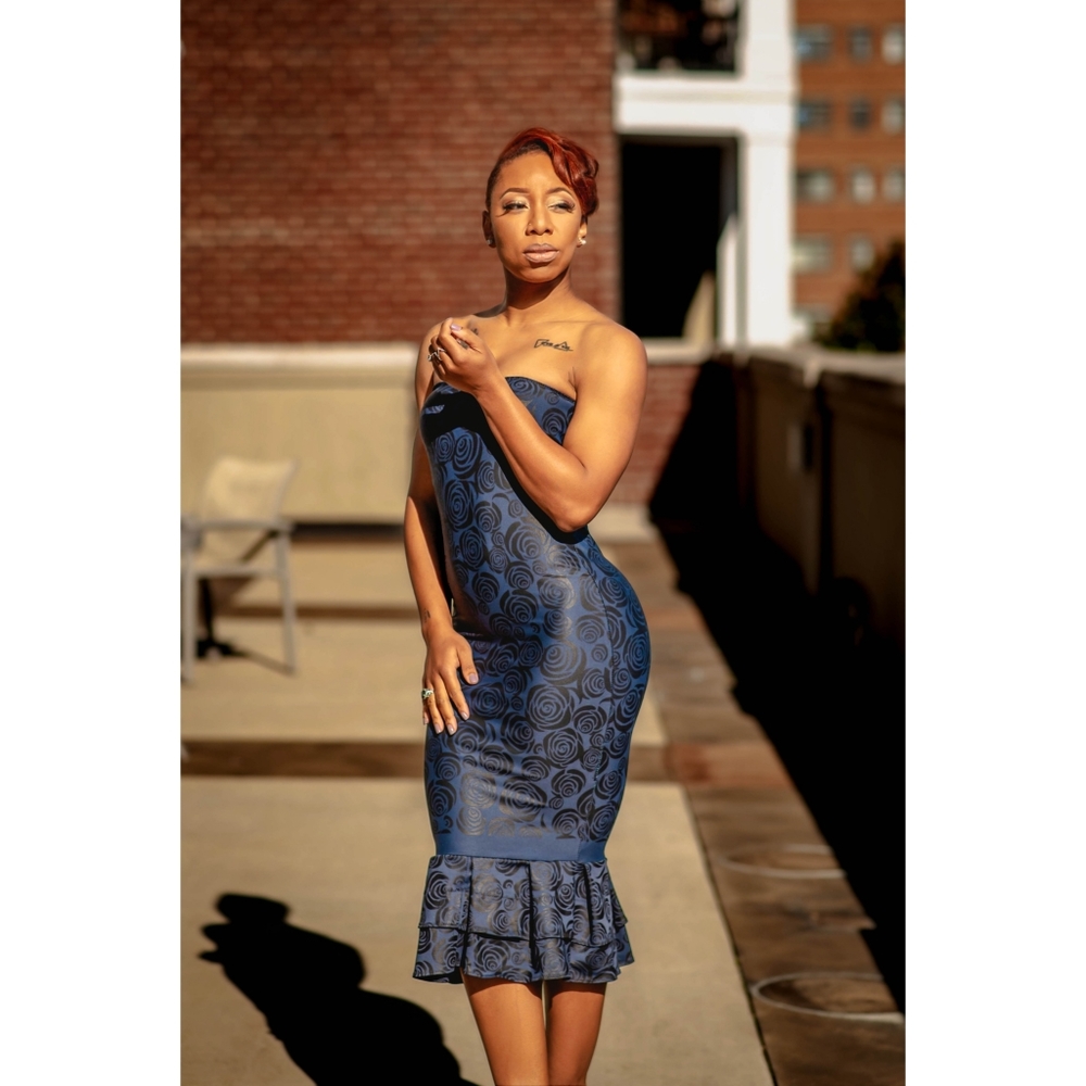 Strapless rose print dress